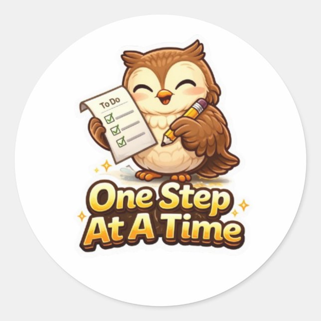 Sticker Rond Un Pas À La Fois – Chouette De Motivation Mignonne (Devant)