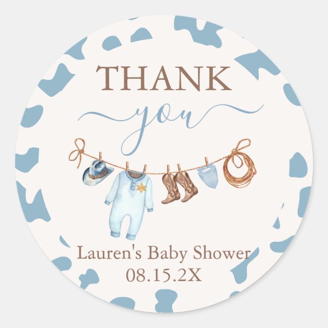 Sticker Rond Un petit Baby shower bleu cowboy (Devant)