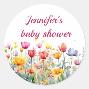 Sticker Rond un petit baby shower de fille fleur sauvage