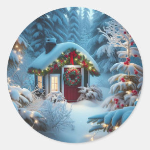 Sticker Rond Un petit Cabine dans les bois Noël festif