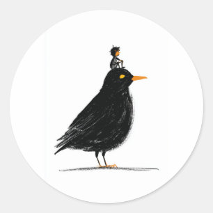 Sticker Rond Un petit cavalier sur un oiseau noir Classique r