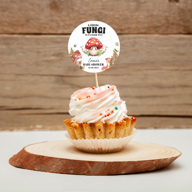 Sticker Rond un petit champignon Baby shower papillon de champi (a Little Fungi Mushroom Butterfly Moth Baby Shower )