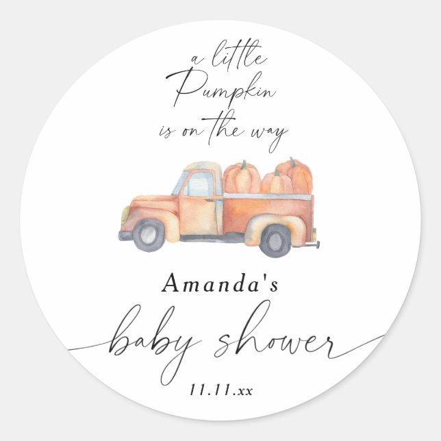 Sticker Rond "Un petit citrouille est en route" baby shower d'a (Devant)