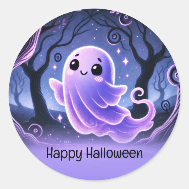 Sticker Rond Un petit fantôme Boo violet pour une fête d'annive (Devant)