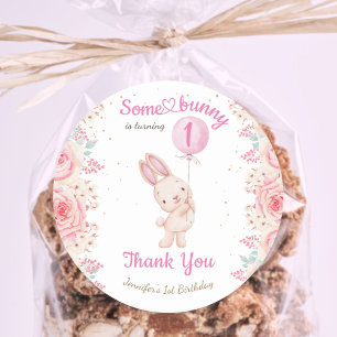 Sticker Rond Un petit lapin a UN AN ! Fille Rose 1er Anniversai