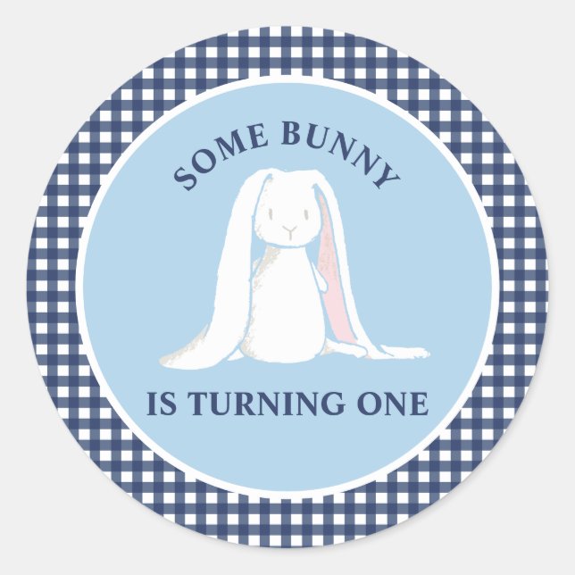Sticker Rond Un petit lapin a un anniversaire bleu Gingham (Devant)