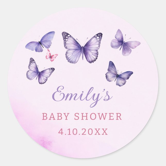 Sticker Rond Un petit papillon violet Baby shower fille (Devant)