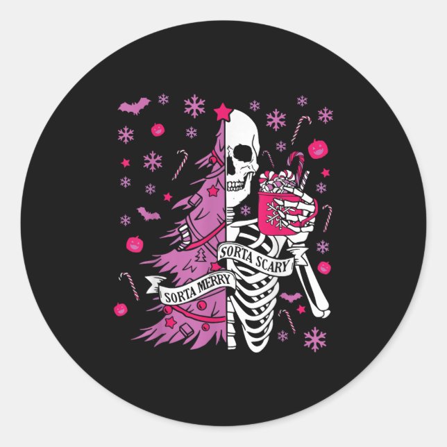 Sticker Rond Un peu joyeux, un peu drôle, squelette de Noël, ar (Devant)