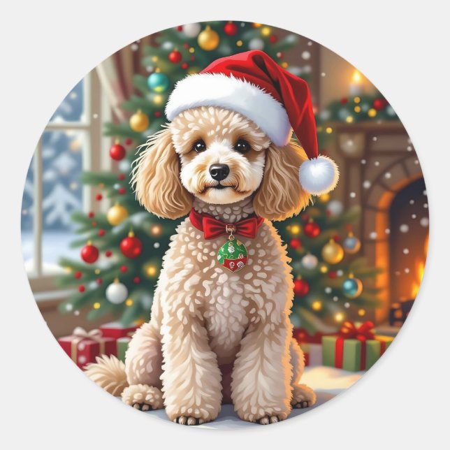 Sticker Rond Un Poodle Festif Mignon de Noël   (Devant)