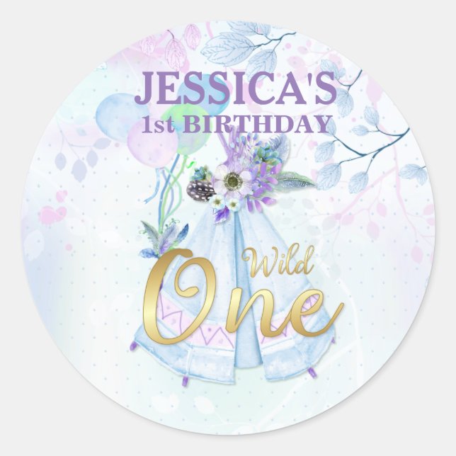 Sticker Rond Un premier anniversaire sauvage bleu TeePee Boho (Devant)