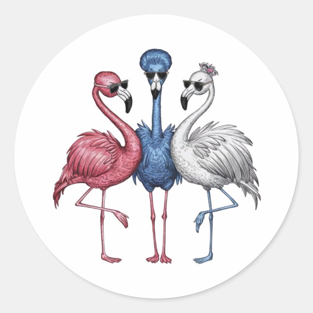 Sticker Rond Un restaurant avec trois flamants roses uniques (Devant)