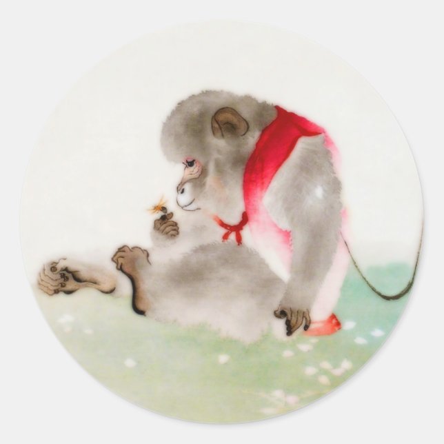 Sticker Rond Un Singe Assis Observant Un Insecte (Devant)