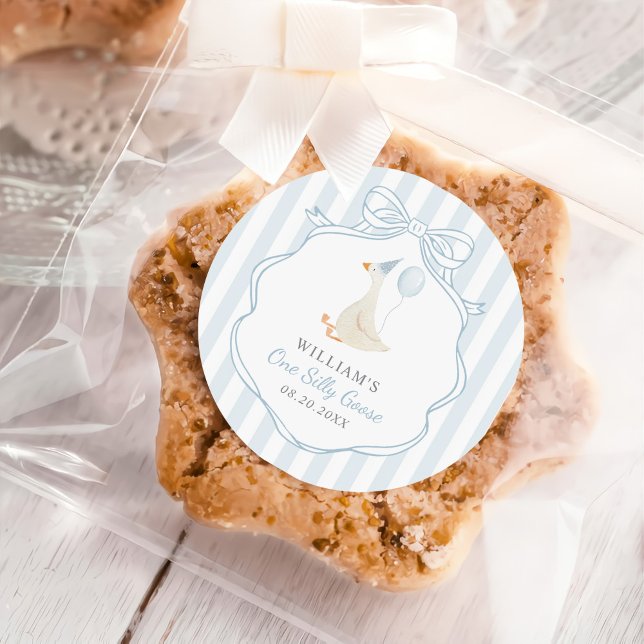 Sticker Rond Un sot Oie Bleu Bow premier anniversaire (Créateur téléchargé)