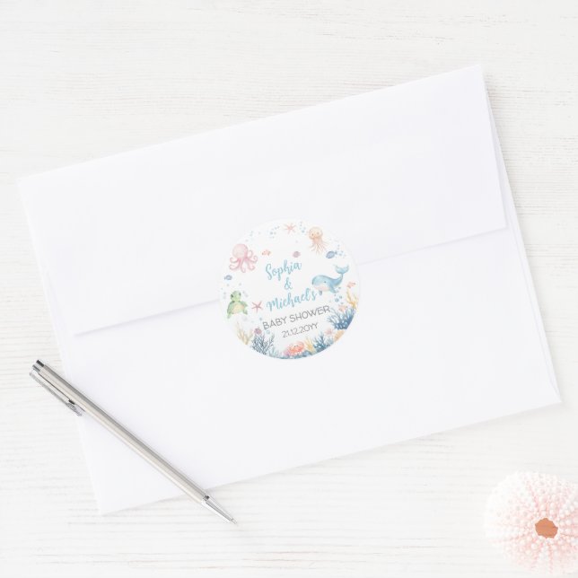 Sticker Rond Under the Sea baby shower cupcake topper (Enveloppe)