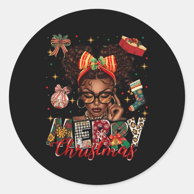 Sticker Rond Une Africaine Américaine Noire Joyeuse Pajam Noël (Devant)