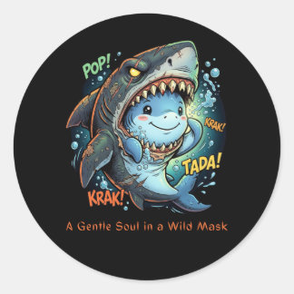Sticker Rond Une âme douce dans un masque sauvage Requin mignon