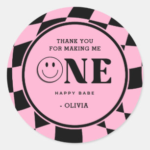 Sticker Rond Une Bébé Joyeuse fille rose 1er anniversaire Merci