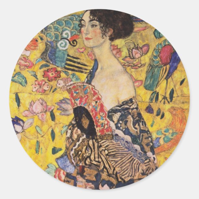Sticker Rond Une belle femme avec un ventilateur de Klimt (Devant)