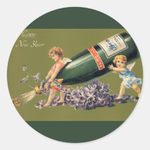 Sticker Rond Une Bonne Année, Anges Vintage avec du Champagne