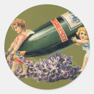 Sticker Rond Une Bonne Année, Anges Vintage avec du Champagne
