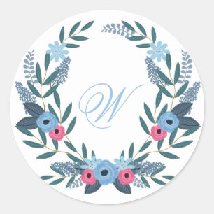 Sticker Rond Une couronne florale bleue avec Monogramme