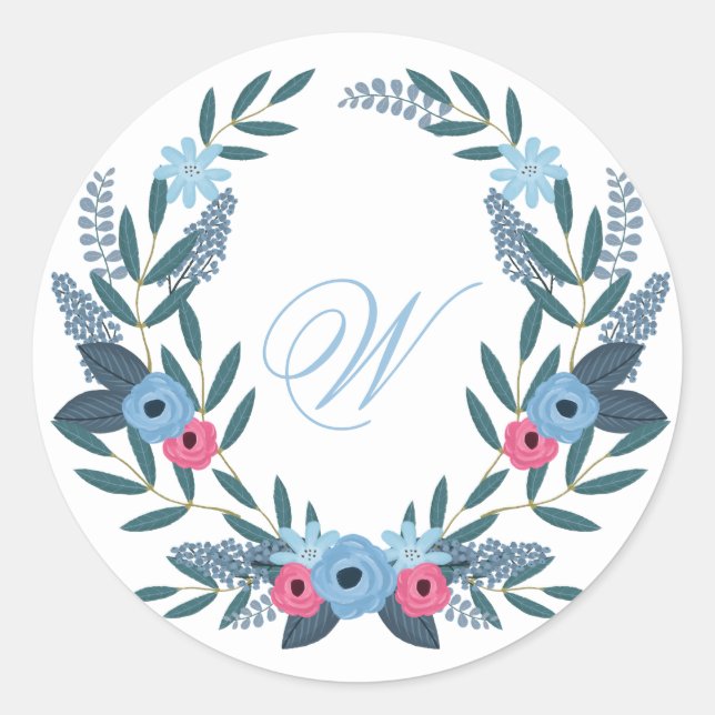 Sticker Rond Une couronne florale bleue avec Monogramme (Devant)