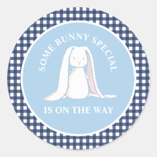 Sticker Rond Une douche de bébé à carreaux bleus Some Bunny