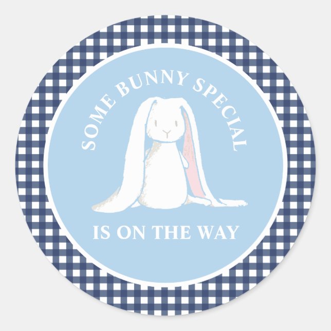 Sticker Rond Une douche de bébé à carreaux bleus Some Bunny (Devant)