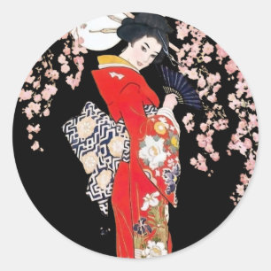 Sticker Rond Une femme asiatique avec une nuit de fleurs de cer