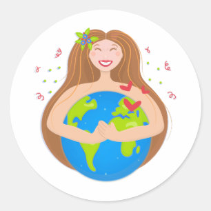 Sticker Rond Une femme embrasse la planète Terre