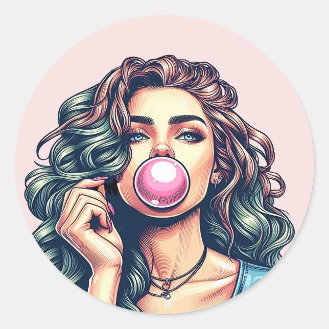 Sticker Rond Une femme soufflant bulle gomme bulle art (Devant)