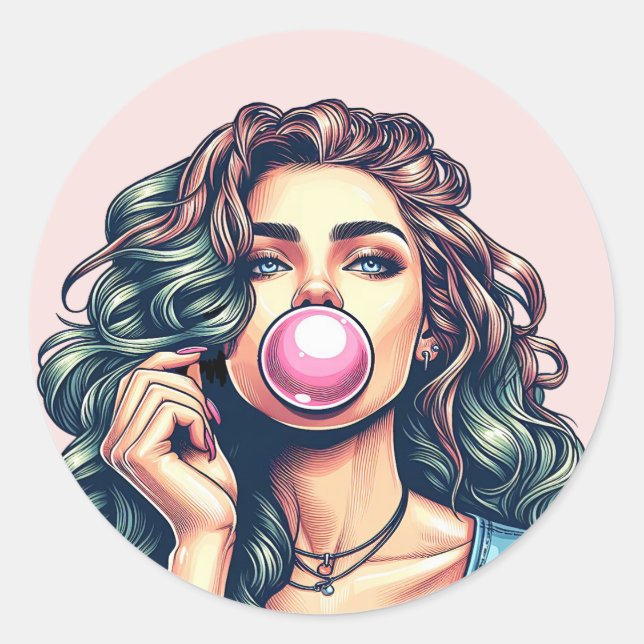 Sticker Rond Une femme soufflant bulle gomme bulle art (Devant)