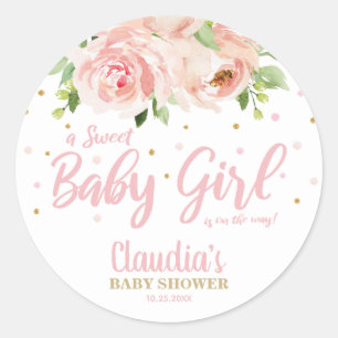 Sticker Rond Une fille de Baby shower rose rousse en Merci pré