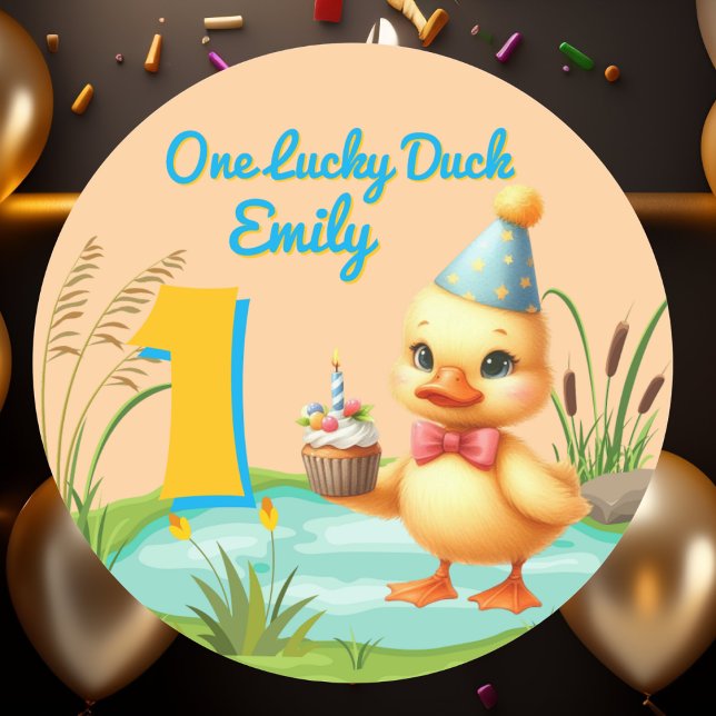 Sticker Rond Une fille de canard chanceuse 1ère fête d'annivers (Créateur téléchargé)