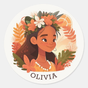 Sticker Rond Une fille hawaïenne de dessin animé pour enfants.