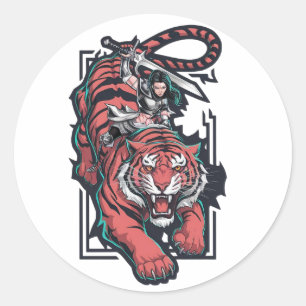 Sticker Rond Une guerrière au sommet d'un énorme tigre