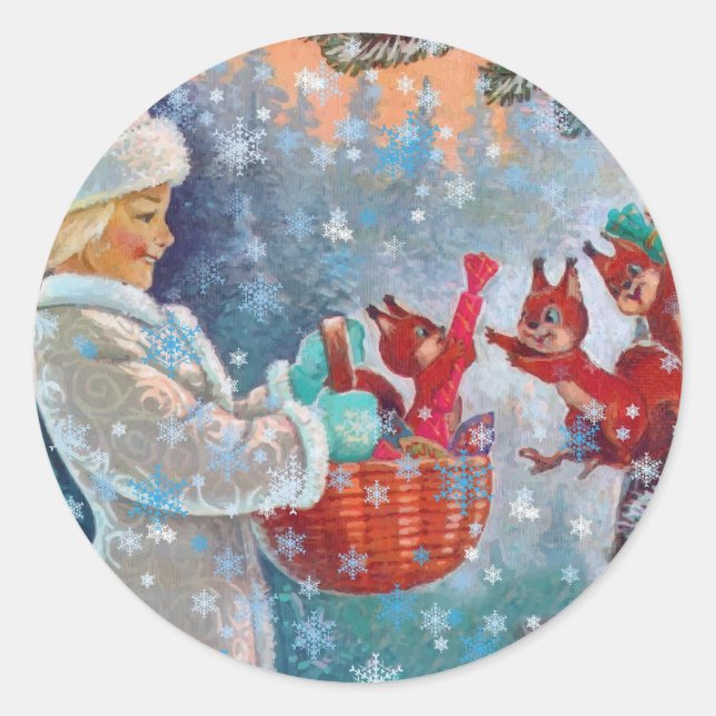 Sticker Rond Une jolie fille et des écureuils à Noël (Devant)