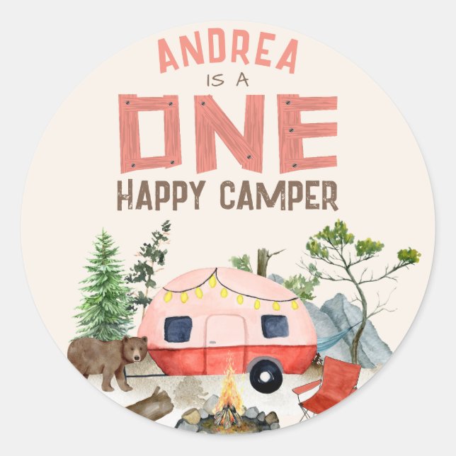 Sticker Rond Une joyeuse Camper Woodland Girls 1er Anniversaire (Devant)