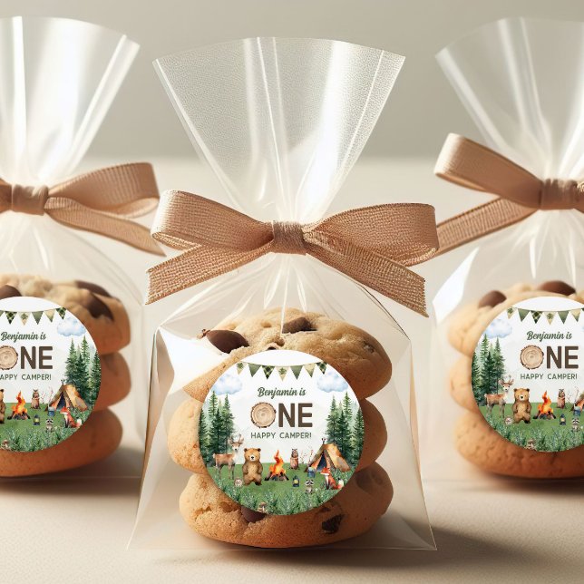 Sticker Rond Une joyeuse fête d'anniversaire de Camper (One Happy Camper Birthday Party Classic Round Sticker
)