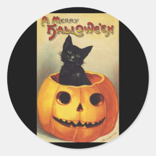 Sticker Rond Une joyeuse Halloween par Ellen Clapsaddle, Chat V