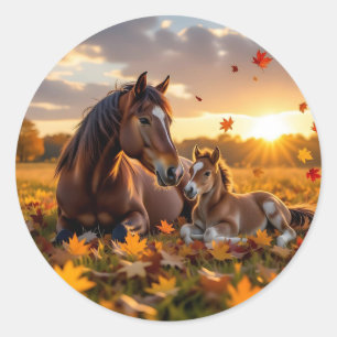 Sticker Rond Une jument et son poulain en Automne