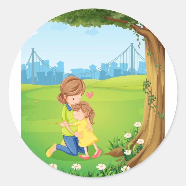 Sticker Rond Une mère embrasse sa fille sous l'arbre (Devant)