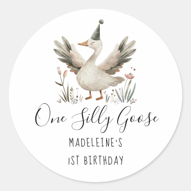 Sticker Rond Une oie sotte 1er anniversaire mignonne aquarelle (Devant)