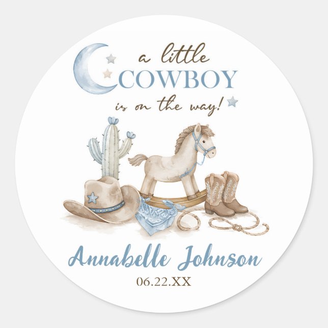 Sticker Rond Une petite douche de bébé cow-boy garçon (Devant)