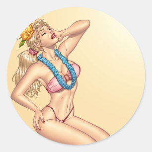 Sticker Rond Une petite fille blonde avec des fleurs en bikini