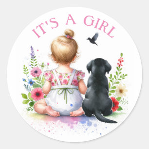 Sticker Rond Une petite fille et son chiot C'est une fille