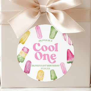 Sticker Rond Une Première Année Cool One Rose Popsicle Fête d'A