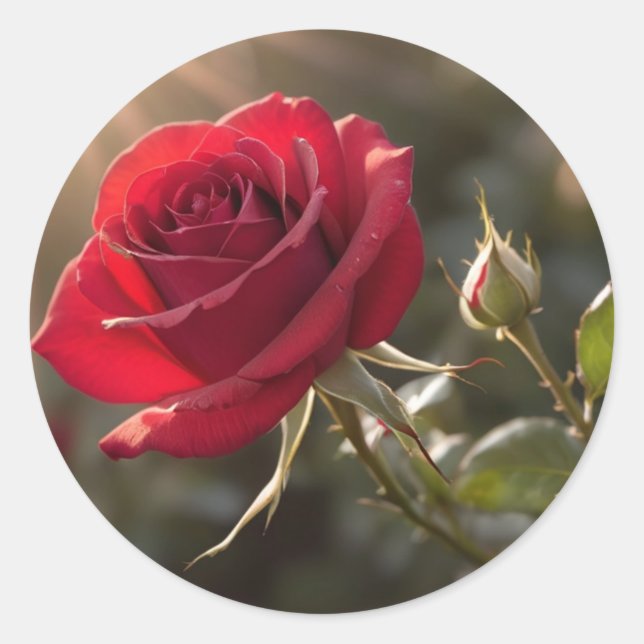 Sticker Rond Une rose rouge vibrante, symbolisant l'amour et la (Devant)