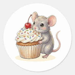 Sticker Rond Une souris d'anniversaire adorable avec cupcake