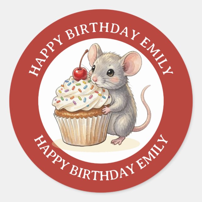 Sticker Rond Une Souris d'Anniversaire Personnalisée avec Cupca (Devant)